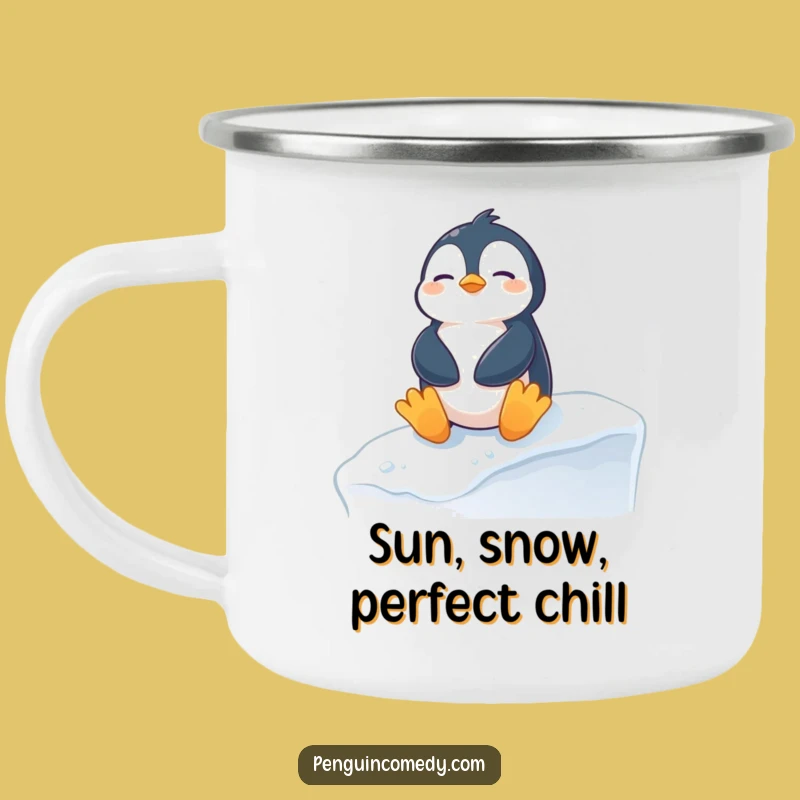 Funny Penguin Sunbathing Camping Mug: Hilarious Snowy Ledge Drinkware, Perfect Funny Gift