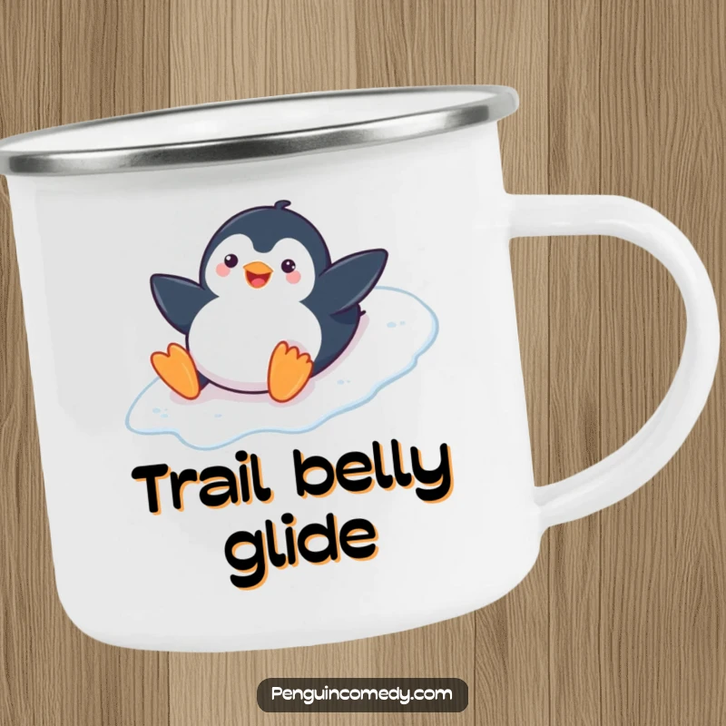 Funny Penguin Camping Mug: A playful penguin belly slides down an icy slope, ready for adventure, durable and funny gift.