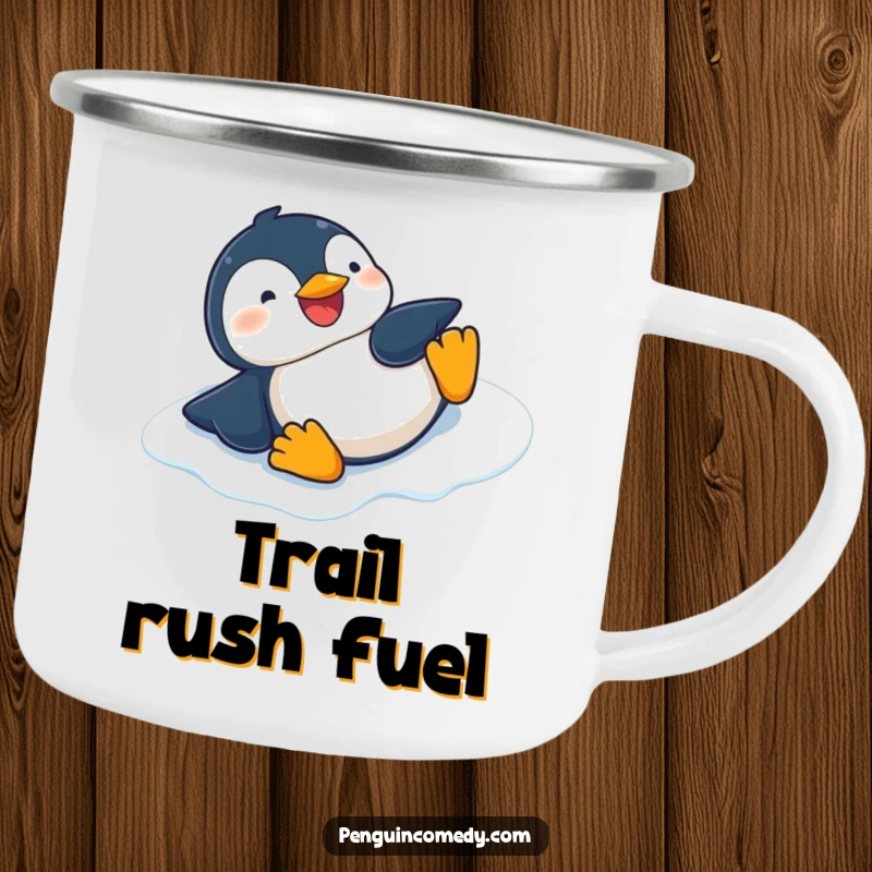 Funny enamel camping mug featuring a giggling penguin sliding on its belly down an icy slope, suitable for outdoor use.