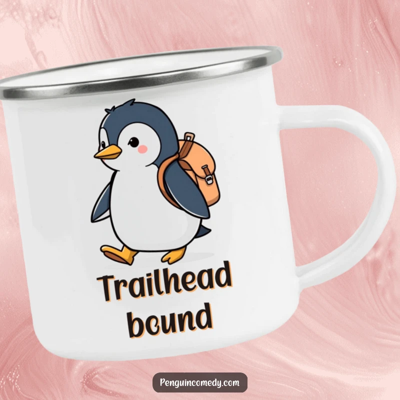Funny camping mug with a penguin wearing a backpack, marching with determination, perfect for sipping coffee on any adventure.