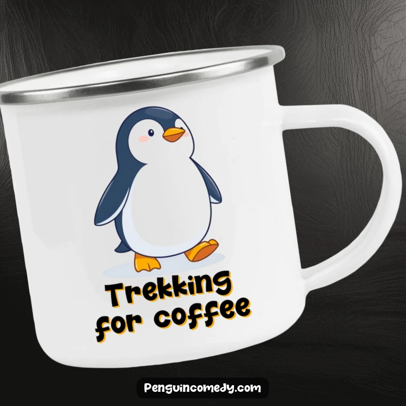 Funny Determined Penguin Camping Mug: A penguin waddling purposefully across snow, ready for outdoor adventures and warm drinks.