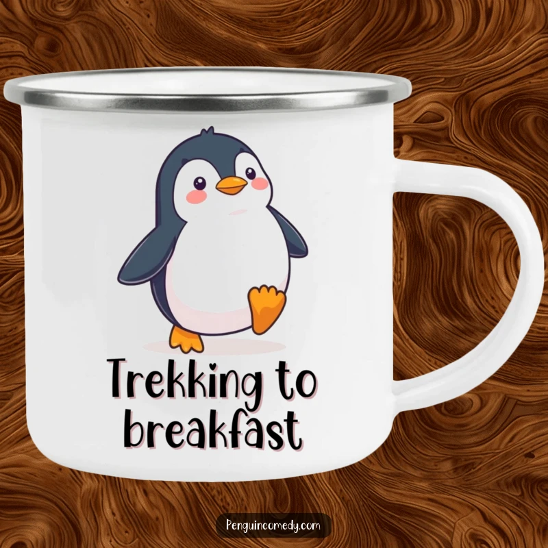 Funny Penguin Waddling Determinedly Camping Mug, a rugged mug featuring a penguin marching with determination, perfect for funny outdoor motivation.