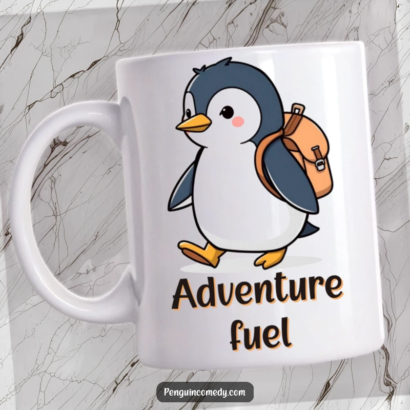 Funny mug with a cute penguin wearing a tiny backpack, marching with purpose, inspiring your daily adventures with humor.