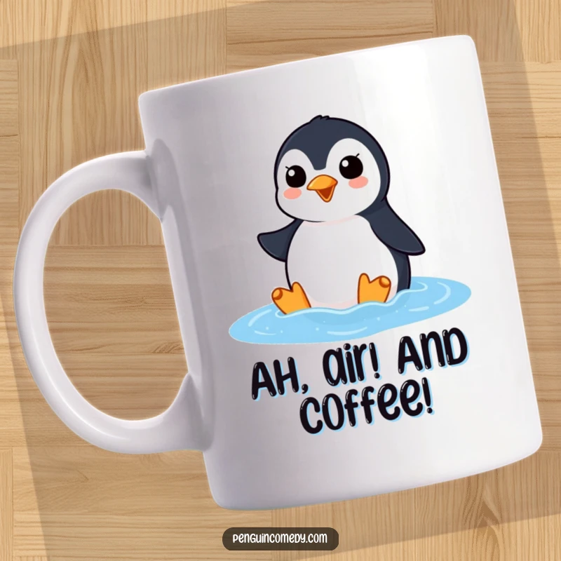 Funny penguin mug showing a penguin with an eager squawk, joyfully surfacing from the ocean with great enthusiasm.