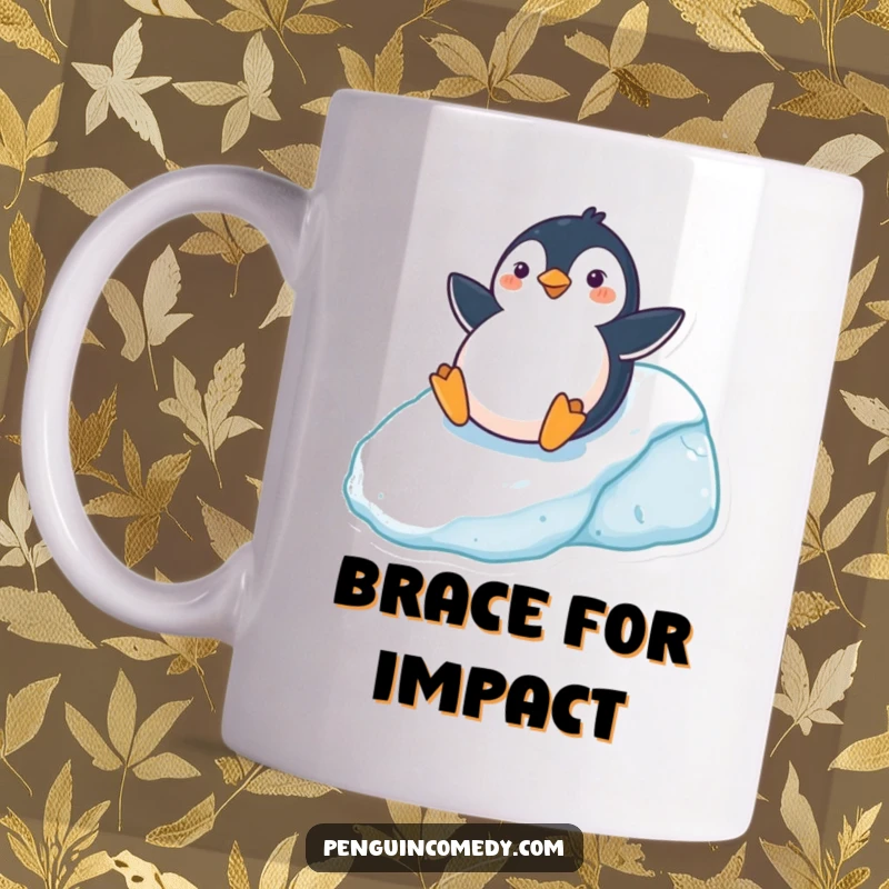 Funny Ceramic Mug featuring a cheerful penguin character sliding belly-first down an icy hill, radiating pure winter joy, a great funny gift.
