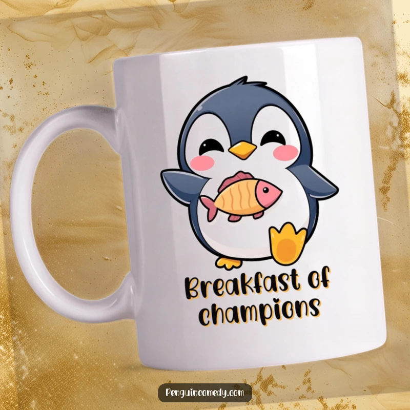 Funny mug with a delighted penguin proudly holding a shiny fish icon, radiating accomplishment.