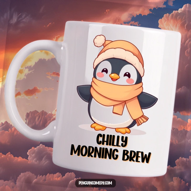 Funny mug featuring a cute penguin wearing a winter scarf and hat, waddling happily with a cheerful expression.