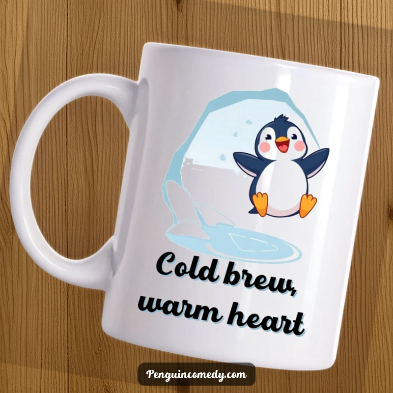 Funny Penguin Jumping Mug: A joyful penguin leaps in excitement near an ice hole, radiating pure happiness.