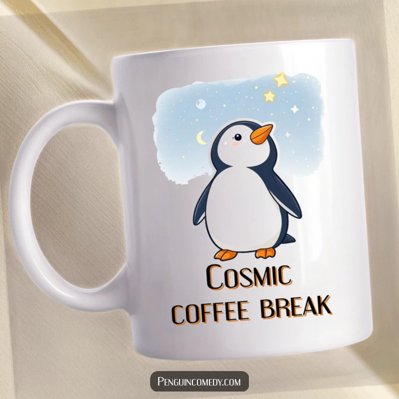 Funny mug showing a penguin gazing up at a beautiful starry night sky, evoking wonder.