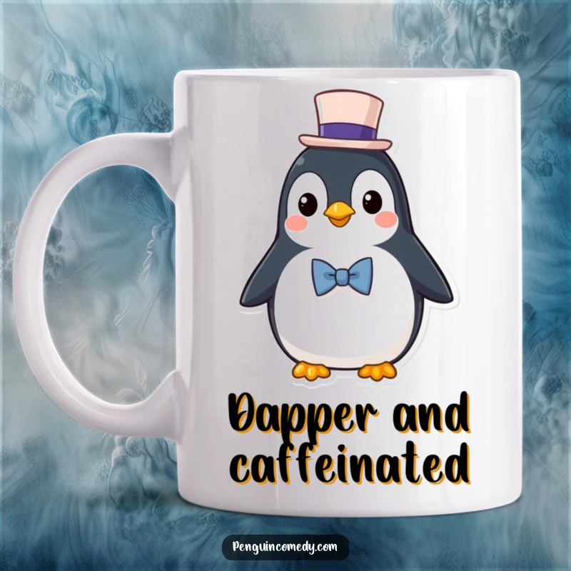 Funny Mug: A distinguished penguin character wearing a small top hat and bowtie, looking very dapper.