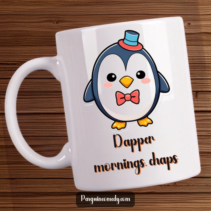Funny penguin wearing a top hat and bowtie, looking sophisticated and amusing on this coffee mug.