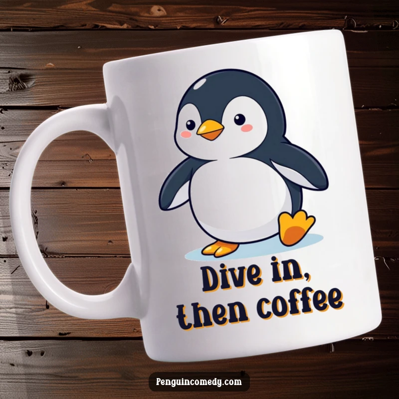 Funny penguin mug showing a penguin in an alert stance, poised and ready to dive into action with energetic determination.