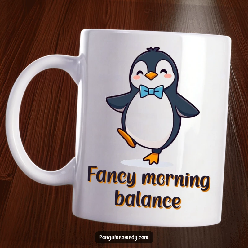 Funny mug featuring a penguin elegantly balancing on one foot while wearing a bow tie, a classy humorous gift.