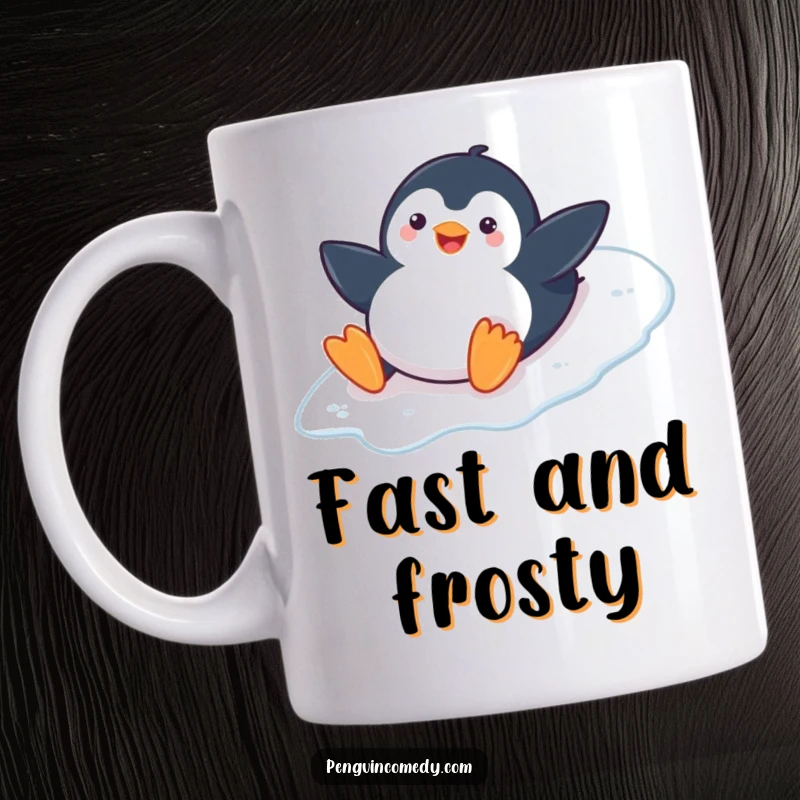 Funny Penguin Ceramic Mug: A playful penguin smiles while sliding on its belly down an icy slope, a fun and funny gift.