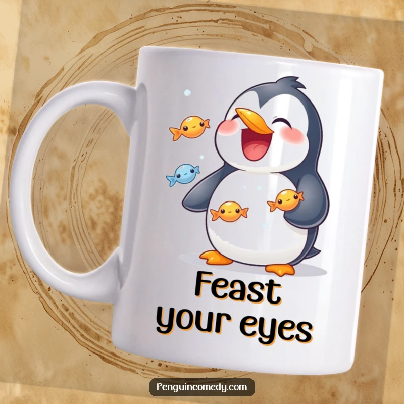 Funny mug with a wide-grinning penguin expertly juggling several small, shiny fish in the air.