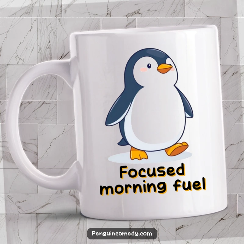 Funny Determined Penguin Mug: A penguin with a serious expression waddles purposefully across snowy terrain, ready for adventure.