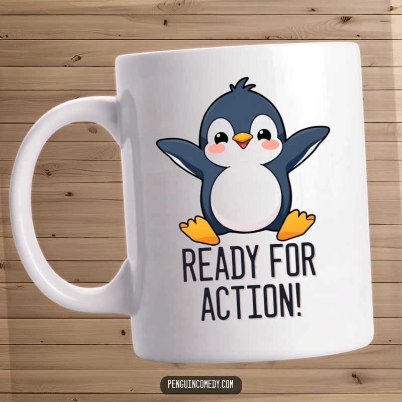 Funny mug featuring a happy penguin with flippers spread wide, poised and ready for an enthusiastic dive.