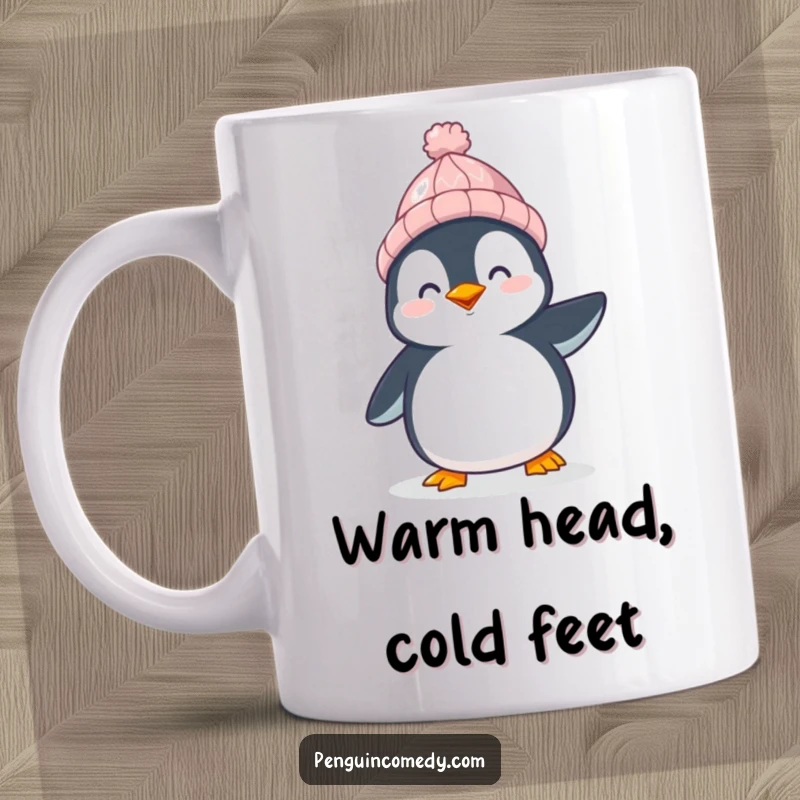 Funny Penguin Ceramic Mug: A happy penguin in a knitted hat waddles joyfully, a cute and funny gift for winter lovers.