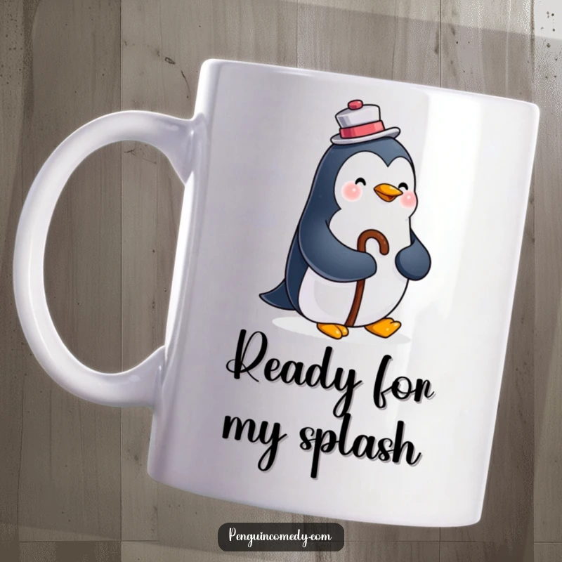 Funny mug depicting a happy penguin wearing a small top hat and holding a cane, exuding dapper and cheerful vibes.