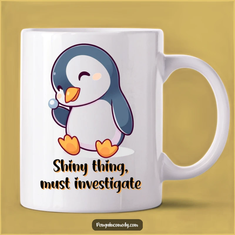 Funny Penguin Gift Mug: Curious Bird Admiring Shiny Object, Perfect Quirky Present