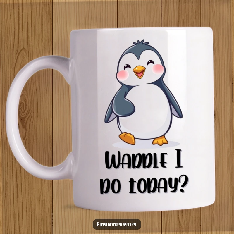 Funny Mug: A joyful penguin character waddling with a confident, happy, and determined stride, radiating pure delight.