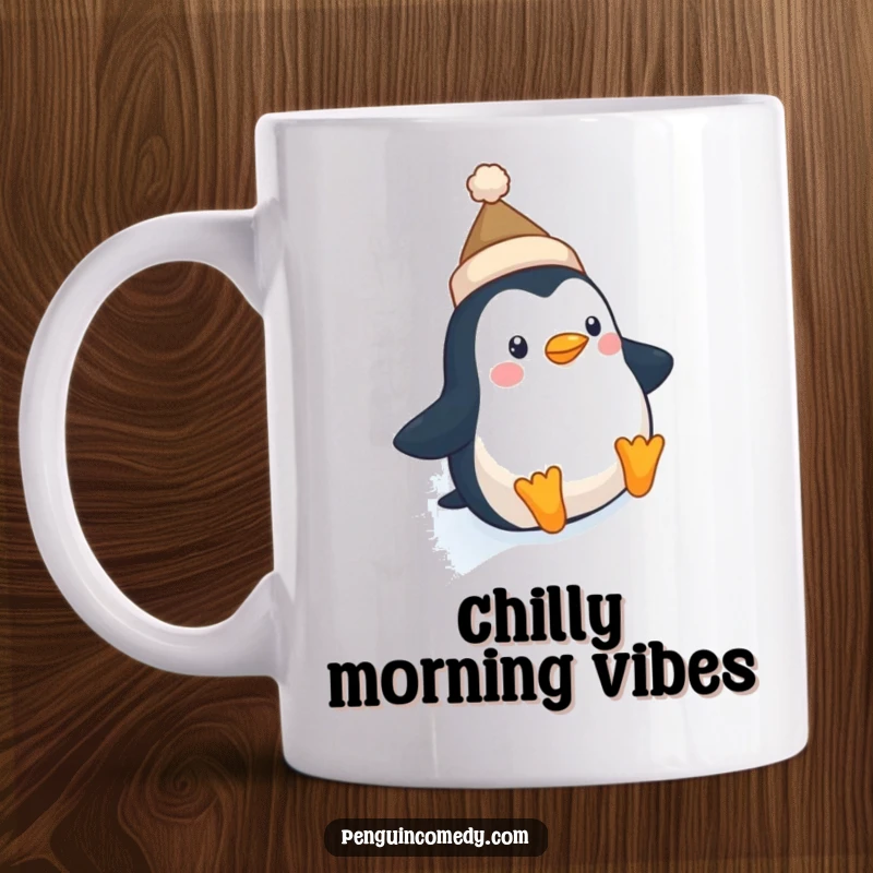 Funny Penguin Hat Mug: A cute penguin in a tiny hat gleefully slides down an icy slope, radiating winter fun.