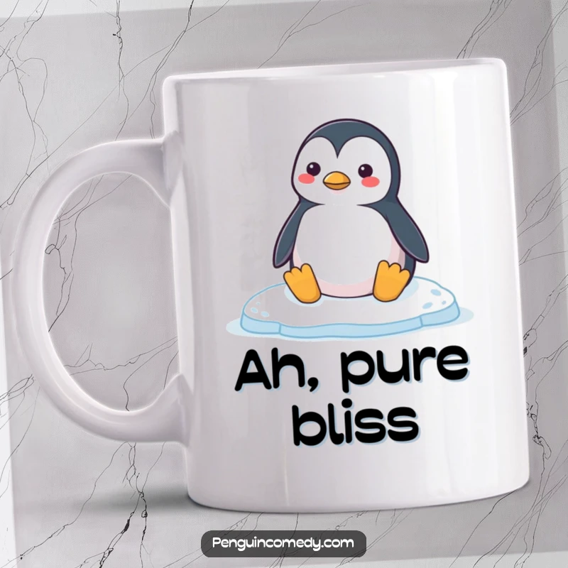 Funny Penguin Mug: A joyful penguin honking happily while resting peacefully on a smooth, serene ice floe, radiating contentment.