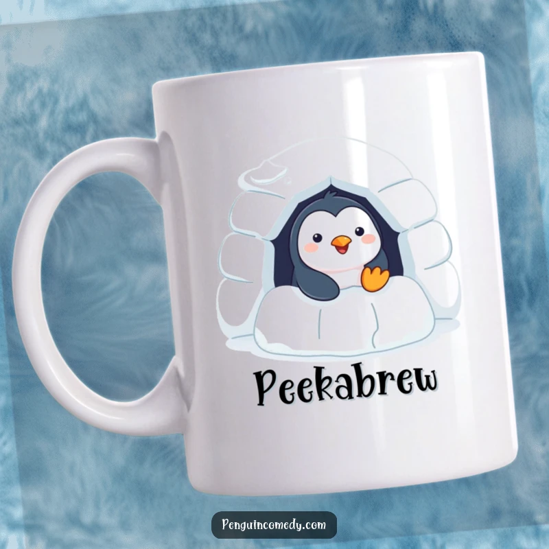 Funny Penguin Mug: a cheerful penguin peeking from a snow igloo, bringing arctic joy and humor.