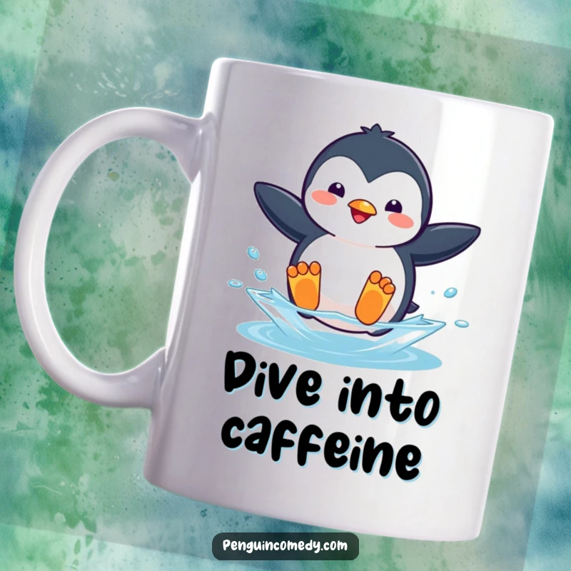 Funny mug with a playful penguin mid-air, flippers spread wide, about to dive into blue water.