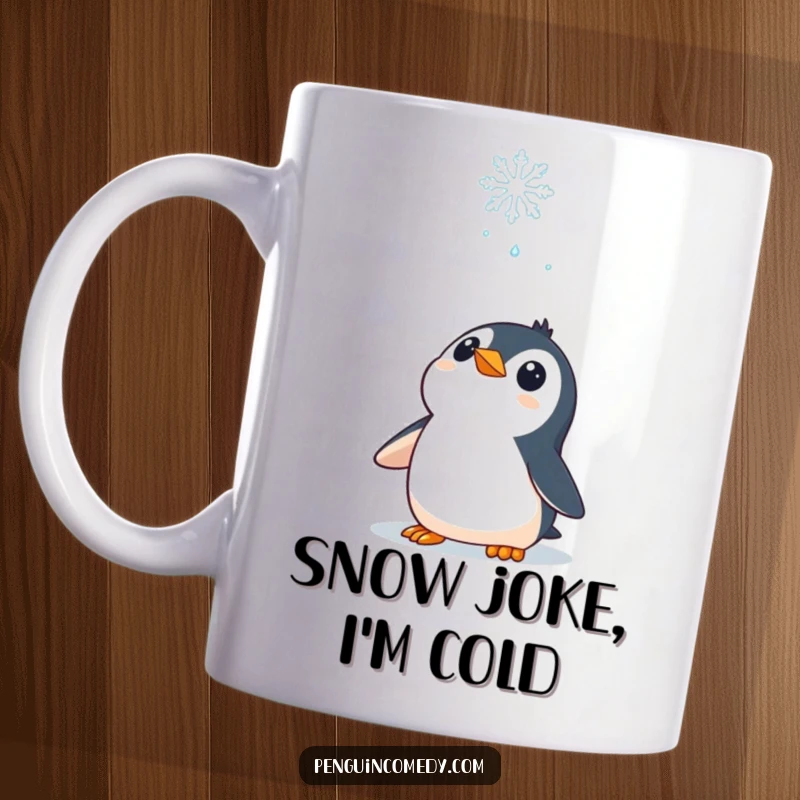Funny Mug: A curious penguin character looking up in awe at a single falling snowflake, embodying wonder.