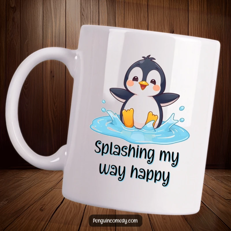 Funny Mug: A playful penguin character joyfully splashing in a vibrant blue puddle, radiating pure fun.