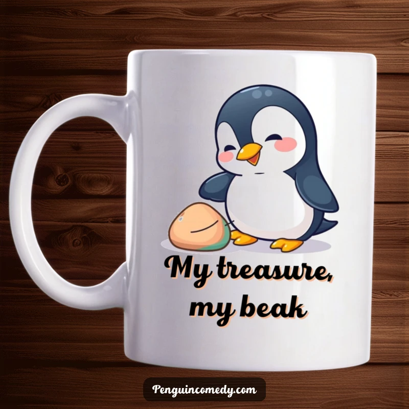 Funny penguin mug showing a playful penguin nudging a colorful pebble with its beak, highlighting its curious and engaging nature.