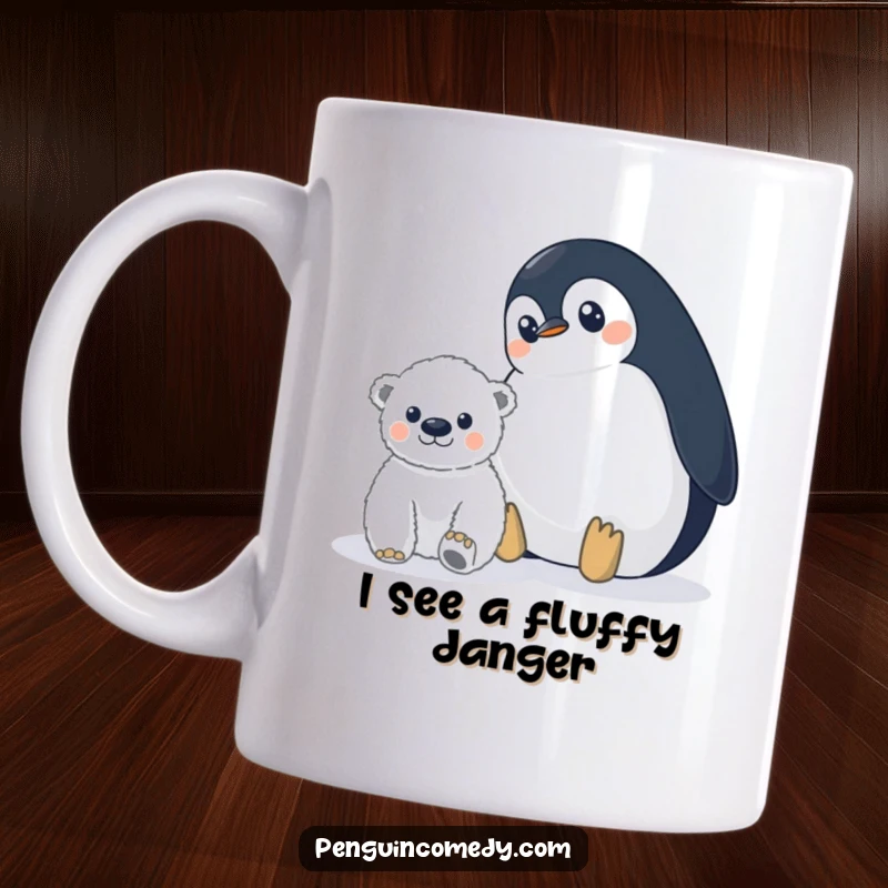 Funny penguin mug showing a penguin with wide eyes nervously watching a distant polar bear cub, capturing hilarious apprehension.