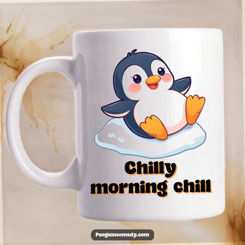 Funny happy penguin sliding down a small ice slope on its belly, showcasing pure winter joy on a mug.