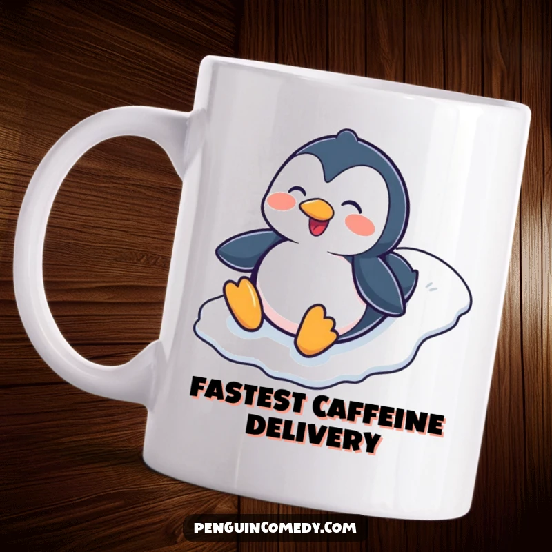 Funny Penguin Sliding Down Icy Hill Mug, a cheerful penguin character joyfully sliding on its belly, capturing a moment of pure winter fun.