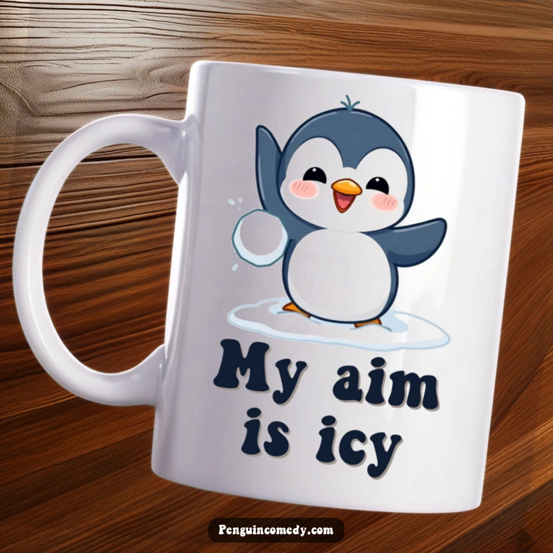 Funny mug showcasing a determined penguin playfully throwing a snowball with its flipper, bringing winter fun and laughter to your desk.