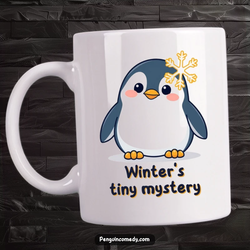 Funny mug showing a curious penguin intently observing a delicate snowflake with a look of awe and wonder.