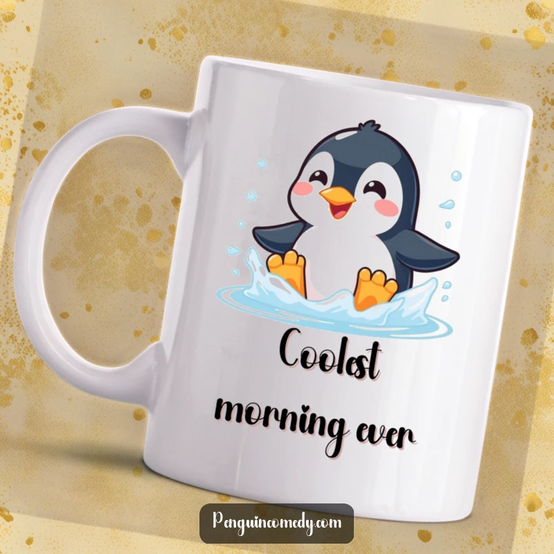 Funny mug featuring a gleeful penguin with a huge smile happily splashing in cold, blue icy water.