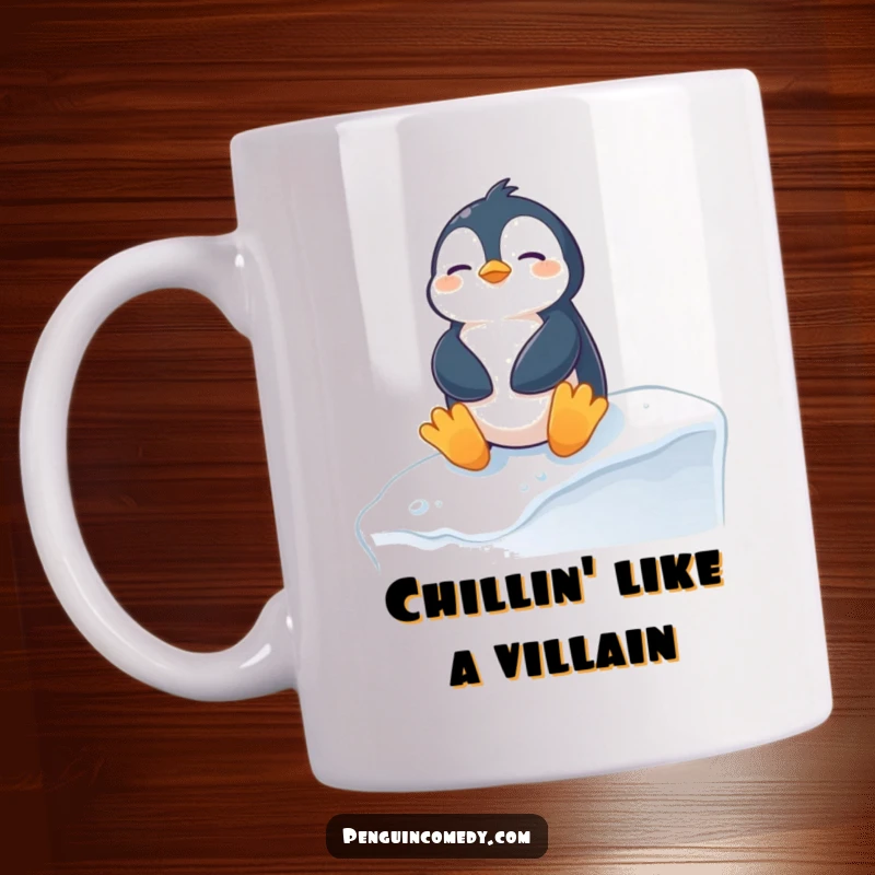 Funny penguin mug showing it sunbathing blissfully on a snowy ledge, radiating pure, contented joy and winter relaxation humor.