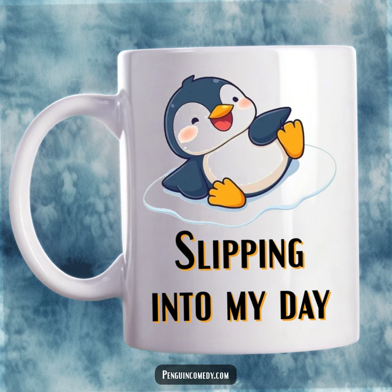 Funny mug featuring a giggling penguin joyfully sliding on its belly down a steep, icy slope.
