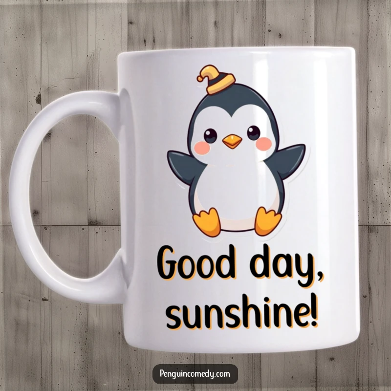 Funny mug featuring a dapper penguin wearing a tiny hat, tipping it with a charming flourish.