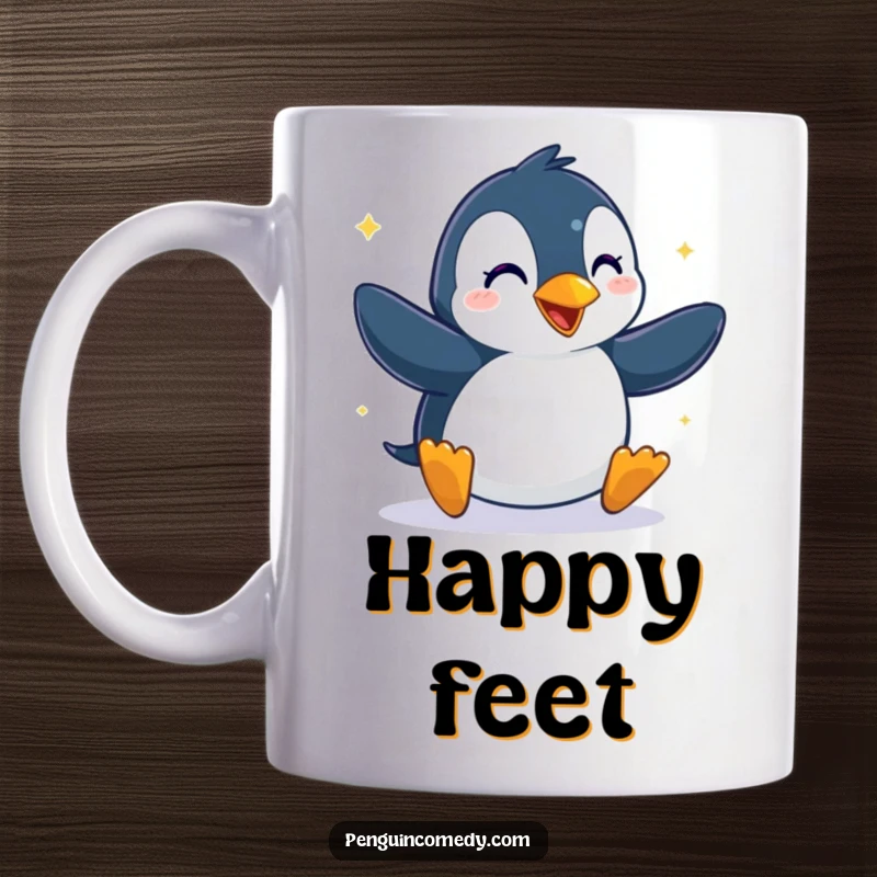 Funny mug depicting a joyful penguin performing a happy little dance with enthusiasm and glee, spreading cheer.