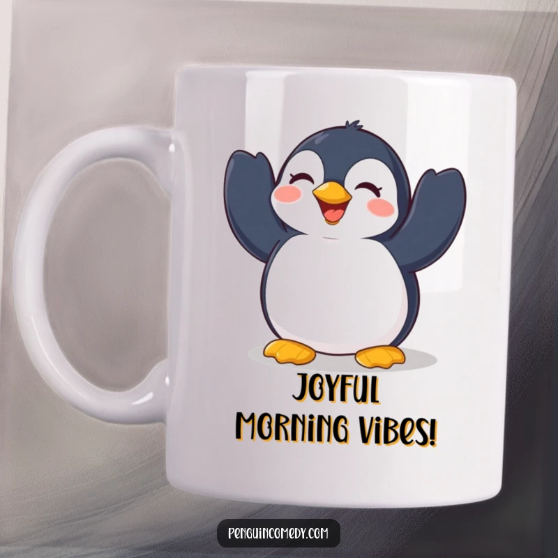 Funny Penguin Mug: A cheerful penguin actively flapping its wings with pure delight and ecstatic energy, showcasing pure happiness.