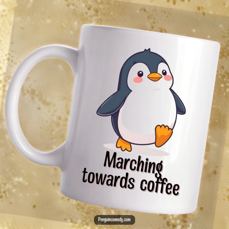 Funny Penguin Waddling Determinedly Mug, a happy penguin character marching forward with a focused and determined stride, embodying motivation.