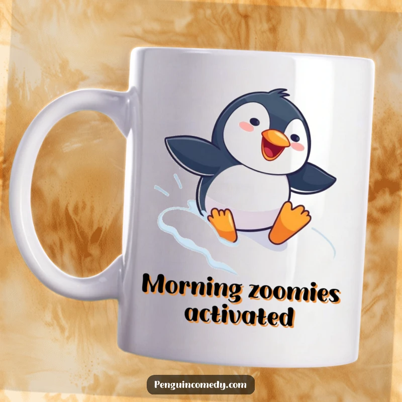Funny Penguin Mug featuring a gleeful penguin sliding headfirst down a snowy slope, embodying carefree fun and winter excitement.