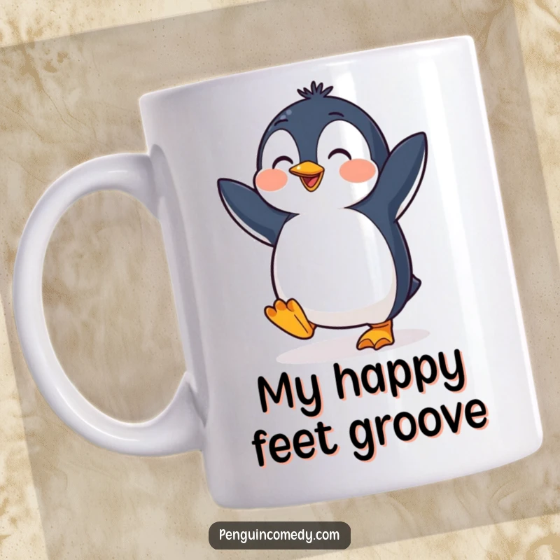 Funny penguin mug featuring a cheerful bird tapping its feet in a delightful dance, radiating pure happiness and fun.