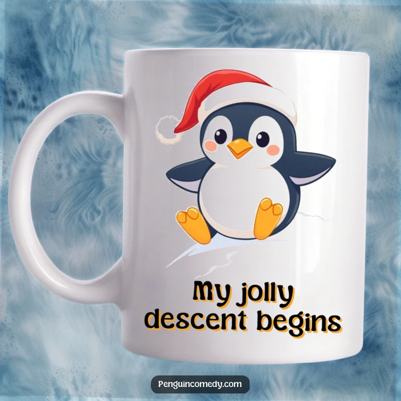 Funny Christmas mug featuring a joyful penguin in a Santa hat sledding down a snowy hill with great speed.