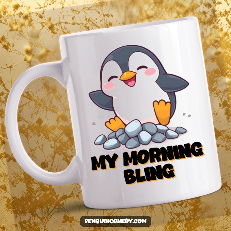 Funny Penguin Rocks Mug: A silly penguin smiles while chasing shiny rocks, embodying playful pursuit.
