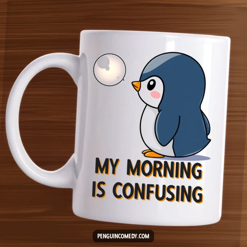 Funny penguin mug, captivated by a glowing bubble icon, expressing curiosity and wonder, a delightful and humorous gift idea.