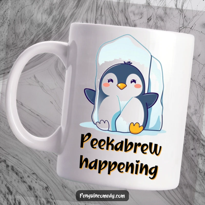 Funny mug depicting a curious penguin with a wide grin peeking out from behind a large, realistic iceberg.